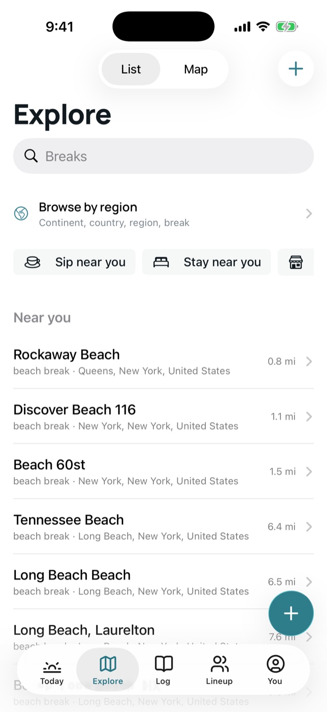 The Explore screen: breaks near you, Sip, Stay and Shop around them